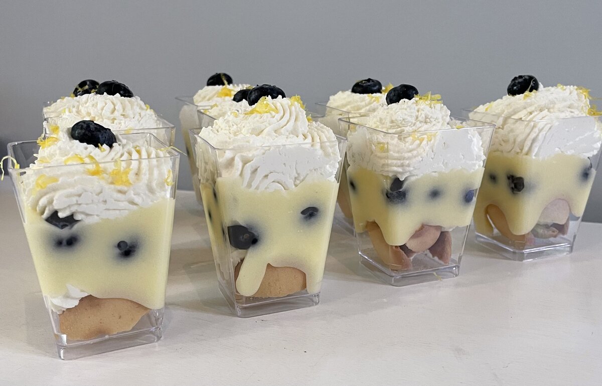 Gluten-free lemon blueberry trifles in clear glasses